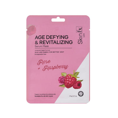 Skin Fx USA Age Defying & Revitalizing Serum Mask with Rose and Raspberry, a vegan, silk-like biodegradable sheet mask.