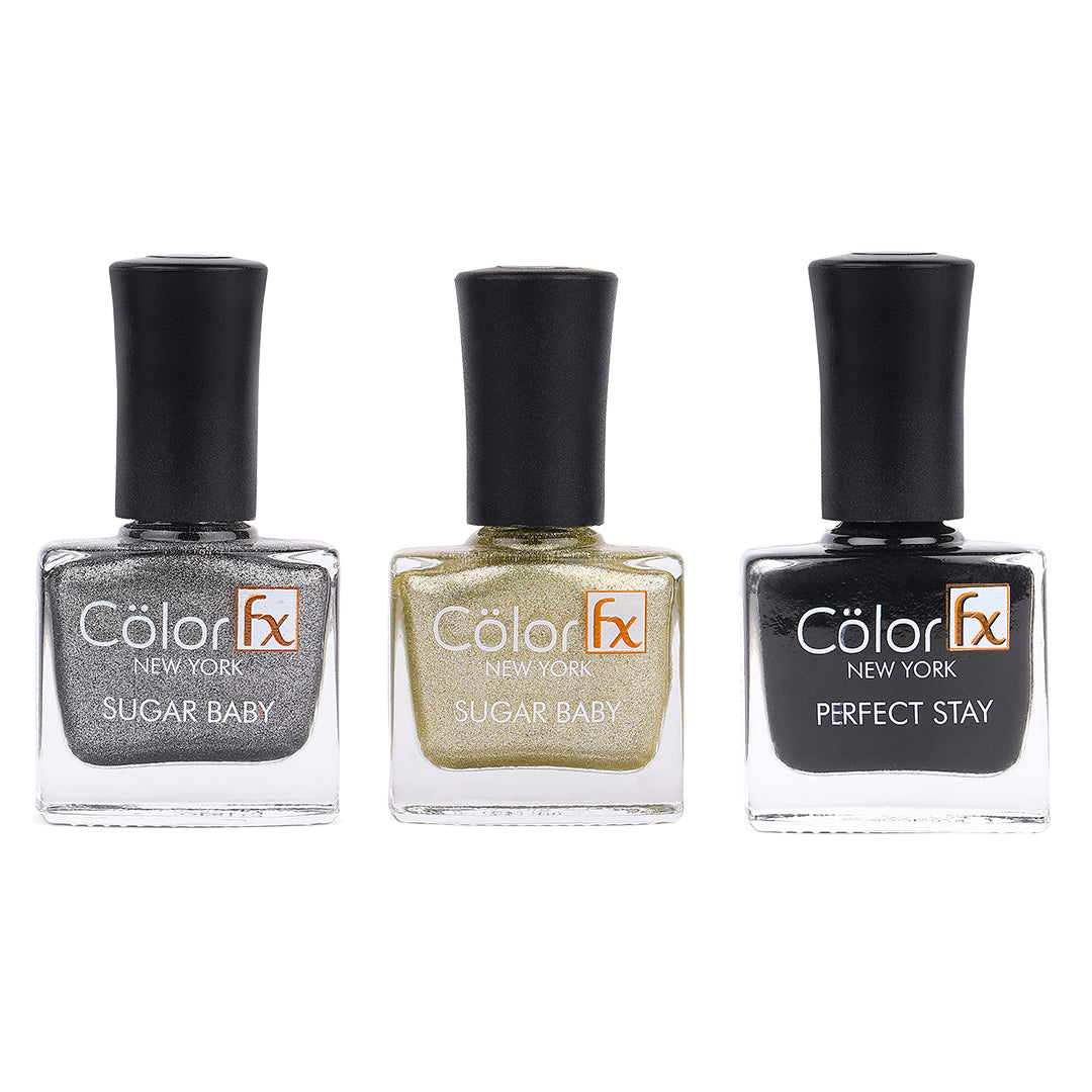 Sugar Baby & Perfect Stay Nail Polishes - Black, Gold & Grey (3 shades)