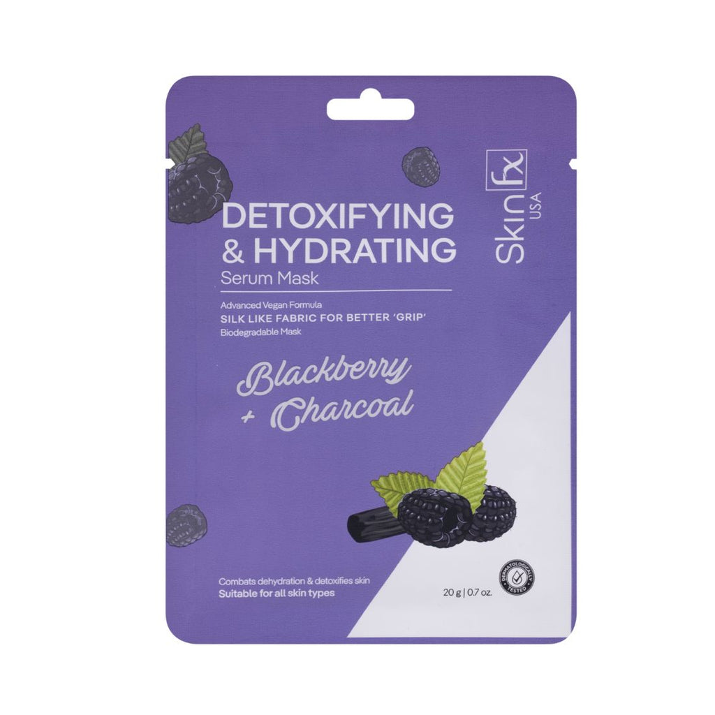 Skin Fx USA Detoxifying & Hydrating Serum Mask with Blackberry and Charcoal, a vegan, silk-like biodegradable sheet mask.