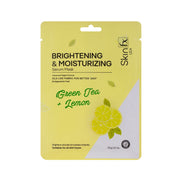 Skin Fx USA Brightening & Moisturizing Serum Mask with Green Tea and Lemon, a vegan, silk-like biodegradable sheet mask for dull skin.