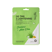 Skin Fx USA De-Tan & Lightening Serum Mask with Turmeric and Aloe Vera, a vegan, silk-like biodegradable sheet mask.