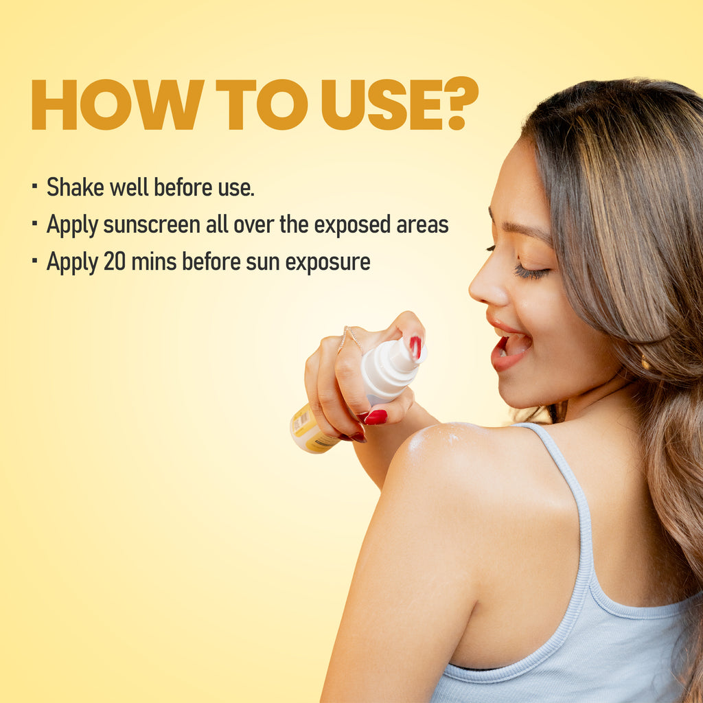 Text instructions on how to use sunscreen spray: Shake well, apply to exposed areas, 20 minutes before sun exposure.