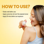Text instructions on how to use sunscreen spray: Shake well, apply to exposed areas, 20 minutes before sun exposure.