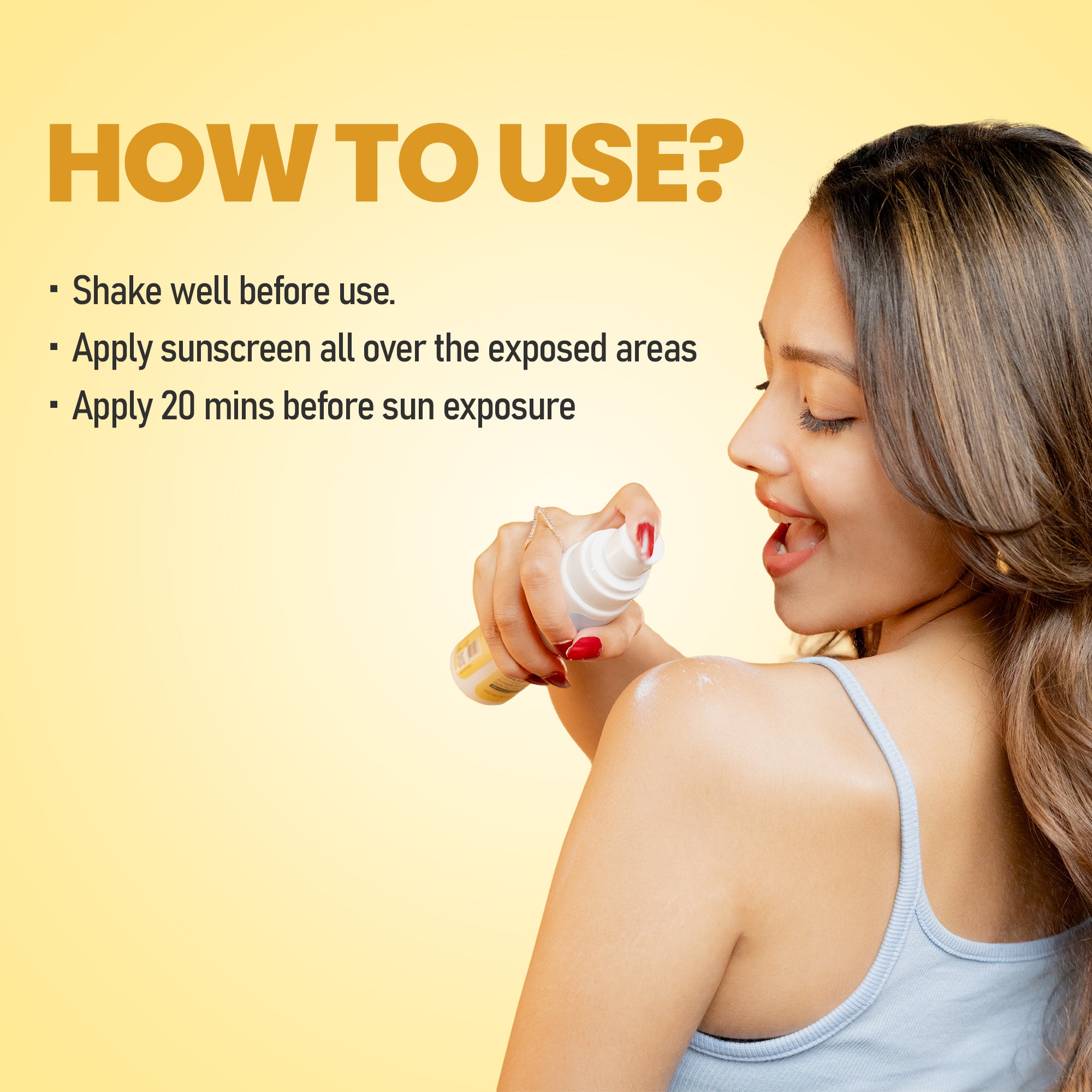 Text instructions on how to use sunscreen spray: Shake well, apply to exposed areas, 20 minutes before sun exposure.