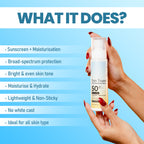 Sun Tease Matte Sunscreen Spray with benefits listed: Sunscreen + Moisturisation, Broad-spectrum protection, Bright & even skin tone, Moisturise & Hydrate, Lightweight & Non-Sticky, No white cast, Ideal for all skin types. SPF 50 PA+++.