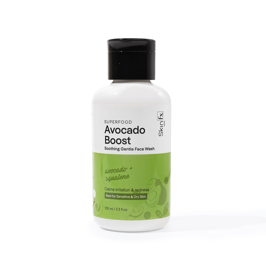 Skin Fx USA Superfood Avocado Boost Soothing Gentle Face Wash with Avocado & Squalene, a soap-free, vegan cleanser for sensitive and dry skin.