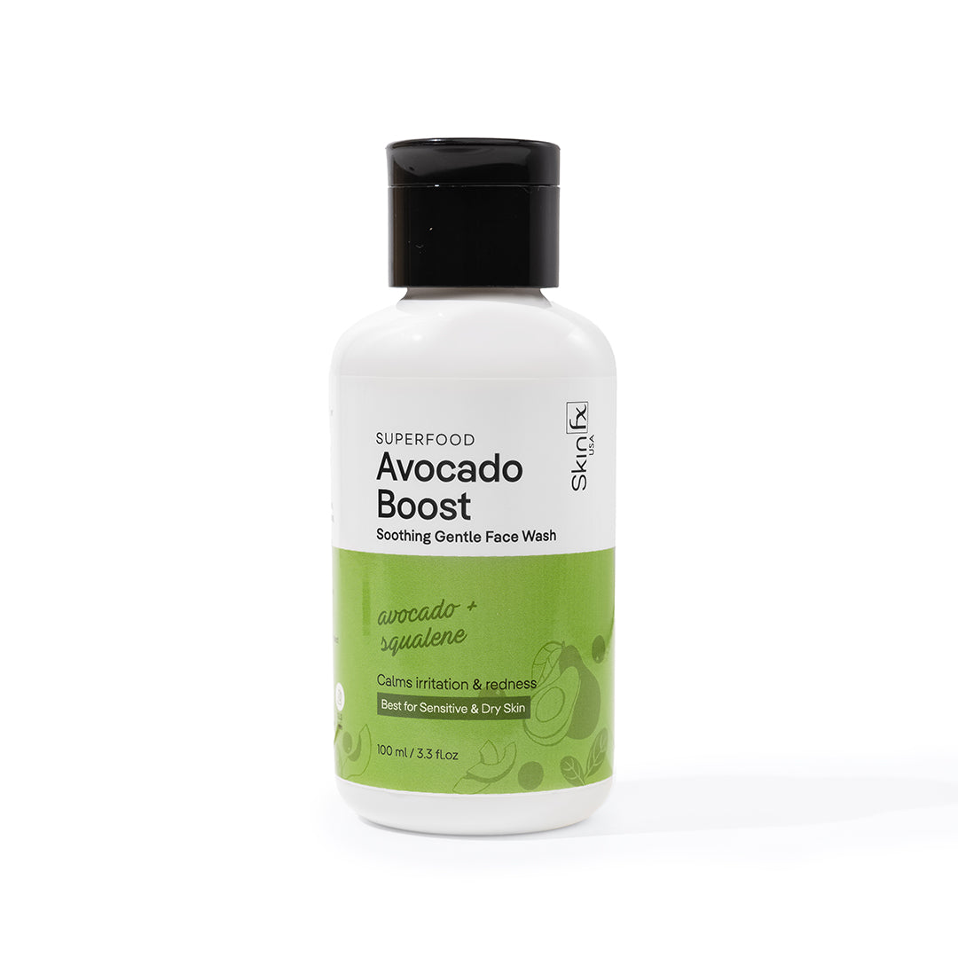 Skin Fx USA Superfood Avocado Boost Soothing Gentle Face Wash with Avocado & Squalene, a soap-free, vegan cleanser for sensitive and dry skin.