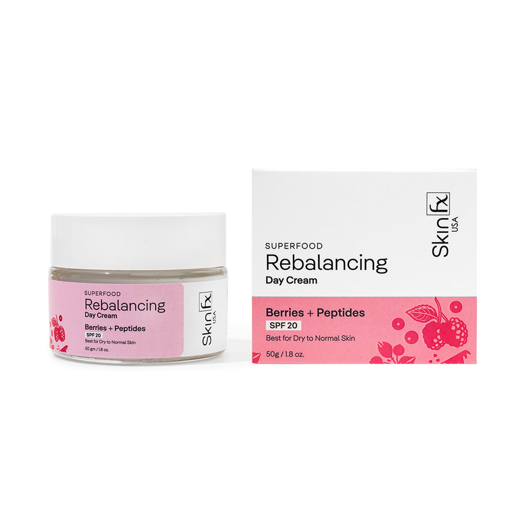 Skin Fx Superfood Rebalancing Day Cream with Mixed Berries & Peptides, SPF 20, for moisturizing, protecting, and strengthening skin barrier.