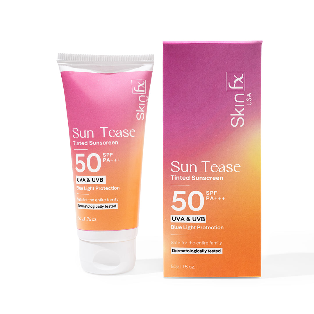 Skin Fx Sun Tease Tinted Sunscreen SPF 50 PA+++ for UVA/UVB and Blue Light Protection, with a universal vanishing tint.