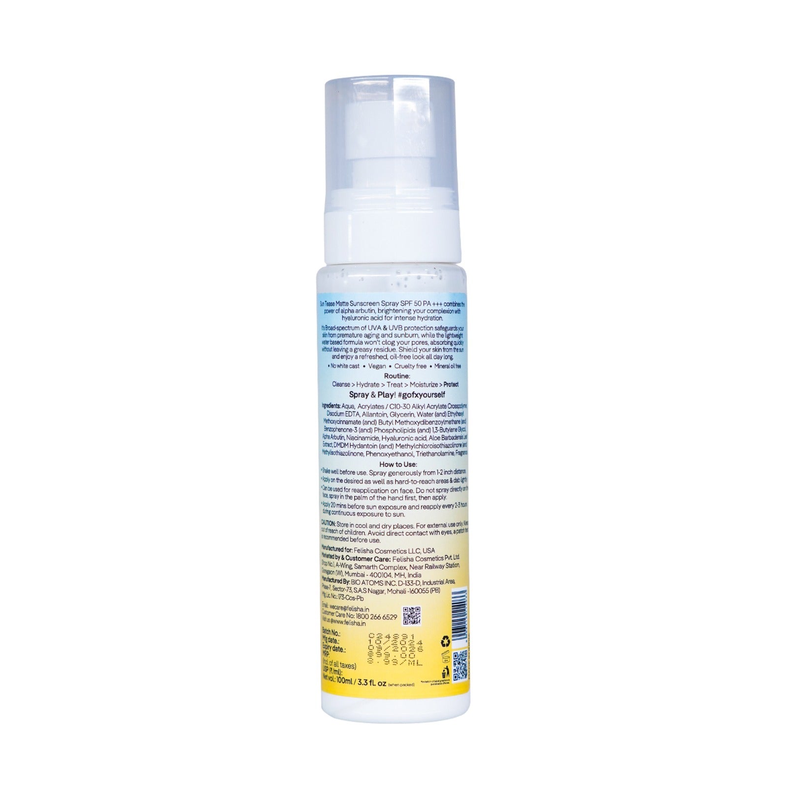 Sun Tease Matte Sunscreen Spray SPF 50 PA+++ with Alpha Arbutin & Hyaluronic Acid for UVA/UVB protection, lightweight, non-greasy.