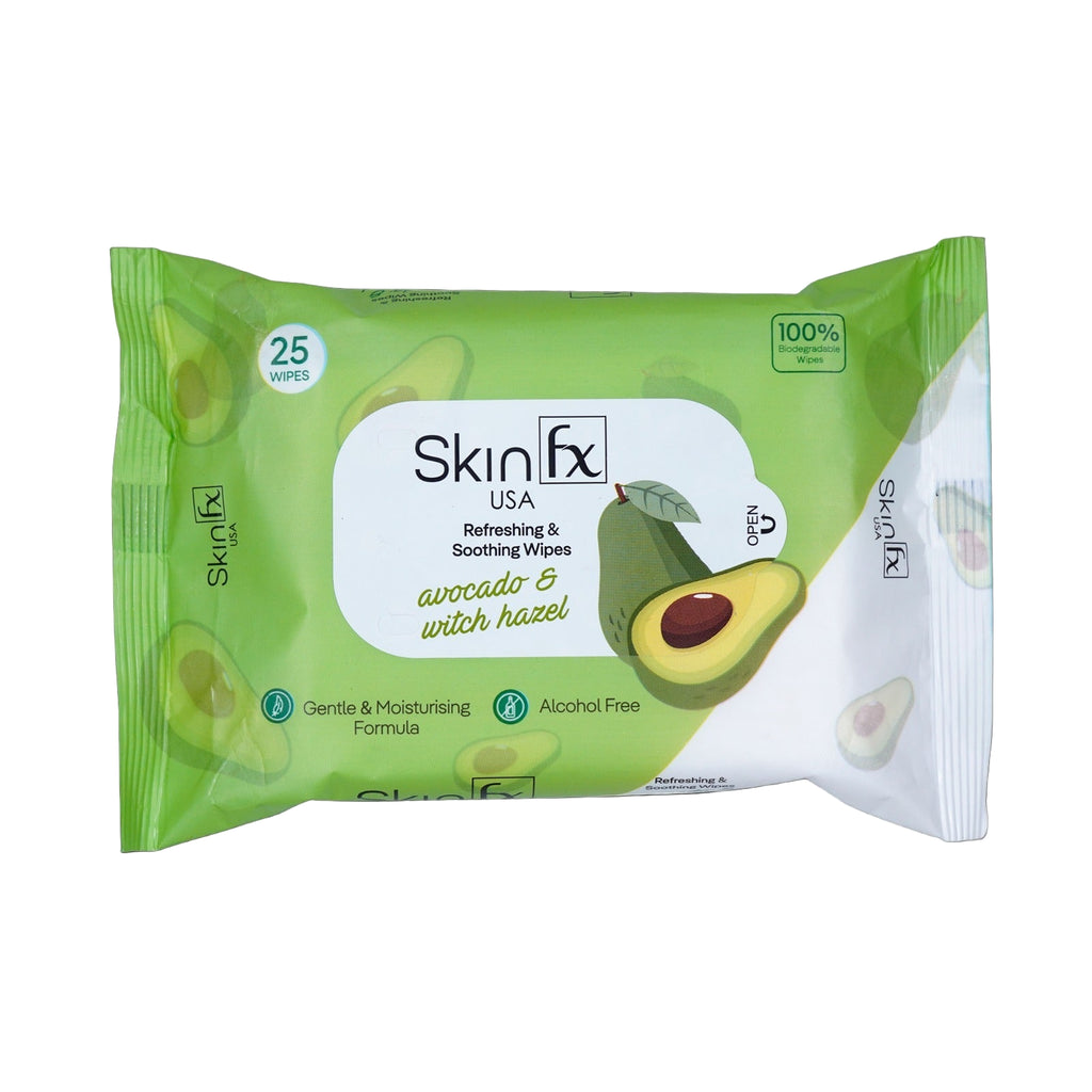 Skin Fx Refreshing & Soothing Wipes with Avocado Oil & Witch Hazel, 100% biodegradable, Made Safe Certified, for cleansing and moisturizing.